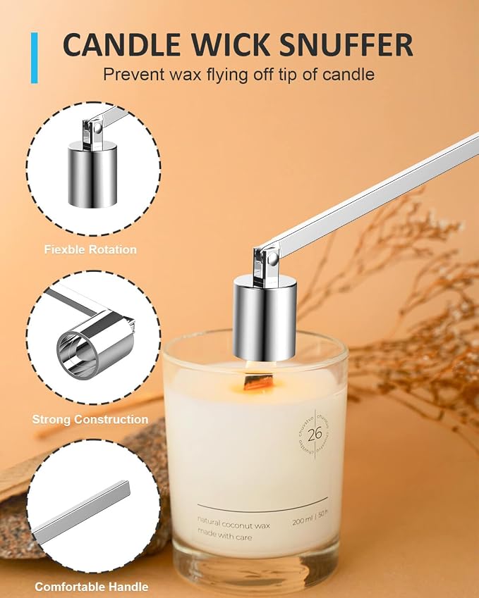 5 in 1 Candle Care Kit, Elegant Candle Wick Trimmer Set, Candle Lighter Set, Candle Snuffer, Candle Tray, Candle Wick Dipper, Candle Accessories Set for Candle Lover (Silver)