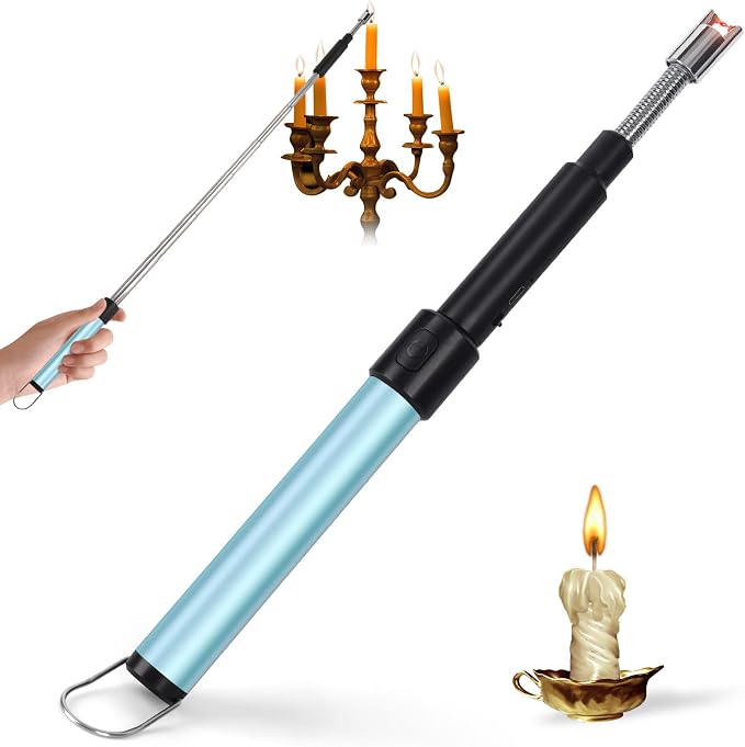 Candle Arc Lighters Long Flexible Neck 70cm Rechargeable Telescopic Electric Flameless Lighter for Kitchen Fireplace Pilot Light BBQ Stove (Blue)