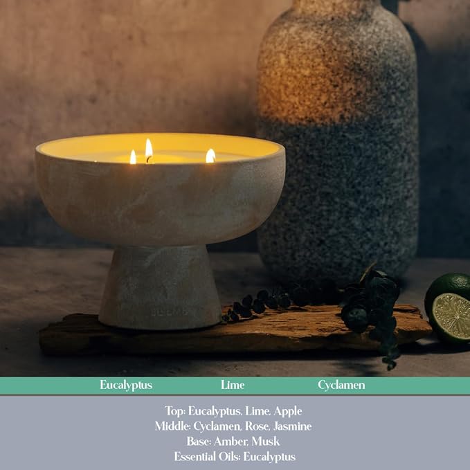 Blueme Focus Candle | Eucalyptus & Lime | 4 Wick - Refillable Wellness Candle with Essential Oils, Hand Finished & Poured Soy Wax Blend Ceramic Vessel, Natural Cotton Wicks | Large 24 oz