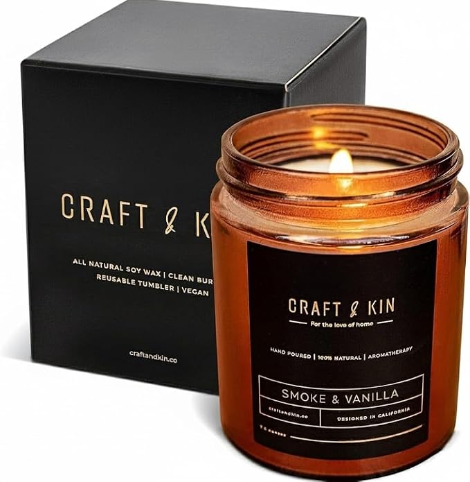 Craft & Kin Premium Smoke & Vanilla Scented Candle – Long Lasting, 45 Hour Burn Time – Luxury Natural Soy Scented Candle – Room Decor and Aromatherapy – 8 oz