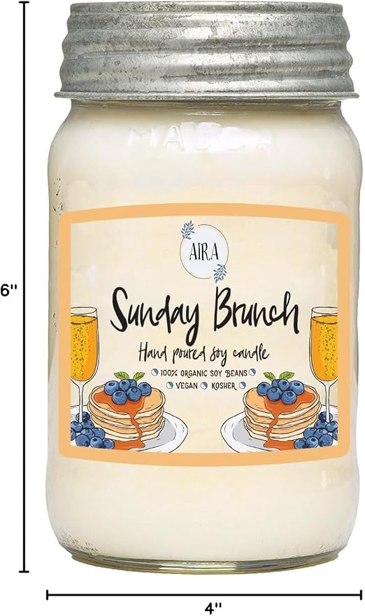 Aira Soy Candles - Organic, Kosher, Vegan, in Mason Jar w/Therapeutic Grade Essential Oil Blends - Hand-Poured 100% Soy Candle Wax - Paraffin Free, Burns 110+ Hours - Sunday Brunch -16 Ounces