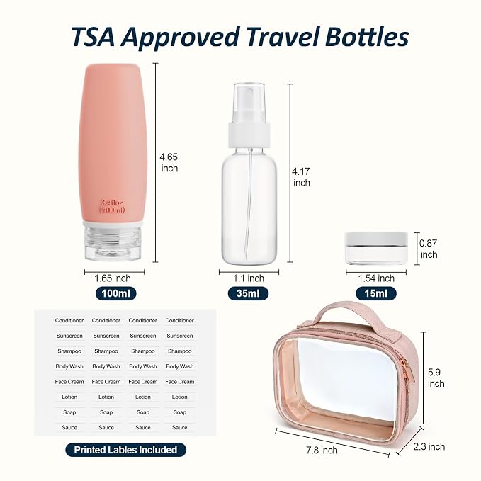 PACKISM TSA Approved Toiletry Bag Set with Bottles, 8 Pack Leakproof 3.4oz Silicone Travel Containers, BPA Free Squeezable Travel Bottles for Shampoo & Lotion, Pink