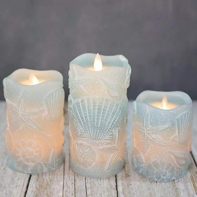 Ocean Flameless Candles Remote Carved Seashell Real Wax Flicker Battery Operated Candles for Home Party Wedding Nautical Thanksgiving Christmas Easter Decor - Set of 3(Blue)