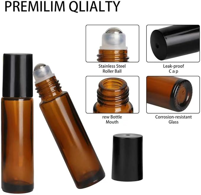 24-Pack 10ml Amber Glass Roll-On Bottles with Stainless Steel Rollers, Refillable Roll-On Applicators for Essential Oils, Castor Oil, Aromatherapy, and Empty Deodorant Containers