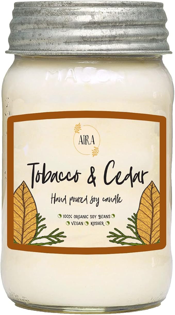 Aira Soy Candles - Organic, Kosher, Vegan, in Mason Jar w/Therapeutic Grade Essential Oil Blends - Hand-Poured 100% Soy Candle Wax - Paraffin Free, Burns 110+ Hours - Tobacco & Cedar - 16 Ounces