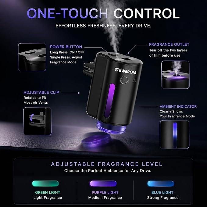 Car Air Freshener - Smart Adjustable 3-Speed Intensity, Rechargeable Humidifier Car Essential Oil Diffuser - Comes with 8 Bottles of 10ml Perfume (Black)