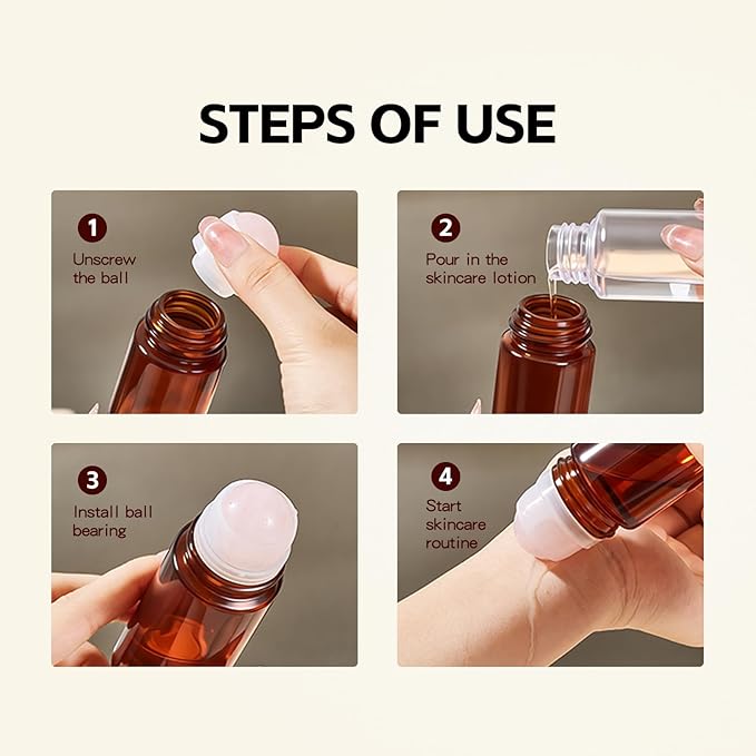 Rose Quartz Refillable Roller Ball Applicator for Essential Oils 50ml, Amber Glass Roll on Bottle, Leak-Proof Oil Roller Bottle, Ideal for Travel and Personal Care