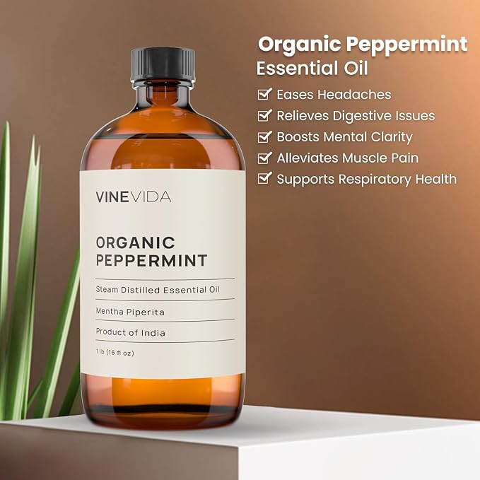 VINEVIDA Organic Peppermint Essential Oil - 16 oz - Undiluted