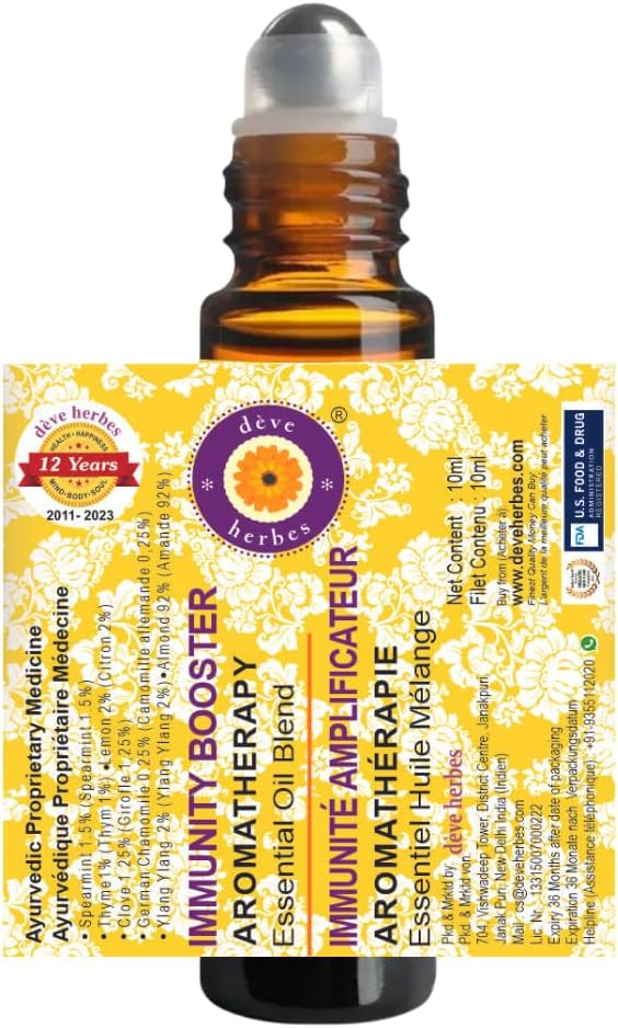 dève herbes Immunity Booster-Aromatherapy Essential Oil Blend with Spearmint, Thyme,Lemon, Clove,German Chamomile, Ylang Ylang Essential Oils & Almond Oil 10ml(0.33oz)