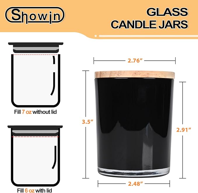 SHOWIN Thick Candle Jars for Making Candles 16 Pcs, 7 OZ Empty Jars with Wood Lids for Candle Making, Sample Container, Inner Black