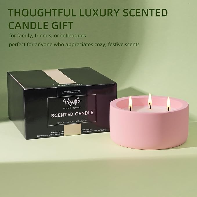 Viyffo 20oz Large Scented Candle - Rose & Jasmine, 3 Wick Pink Candles for Women Home Scented, Non Toxic Soy, Decorative Ceramic Jar Candle, Luxury Fragrance, Elegant Spring Décor & Birthday Gift