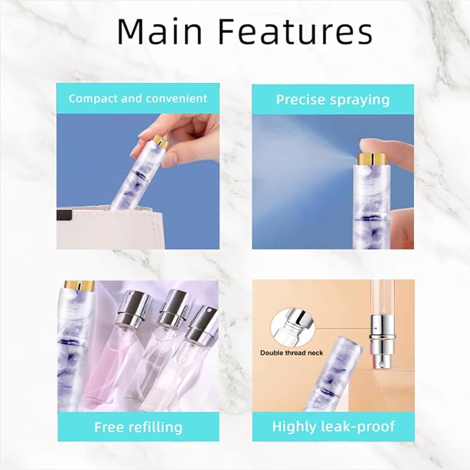 Vitog Refillable Travel Perfume Atomizer - Mini Spray Bottles with Marble Texture, Portable Cologne Dispenser for Women Men, Leak-Proof Empty Fragrance Decant Container for Travel and Daily Use 3PCS
