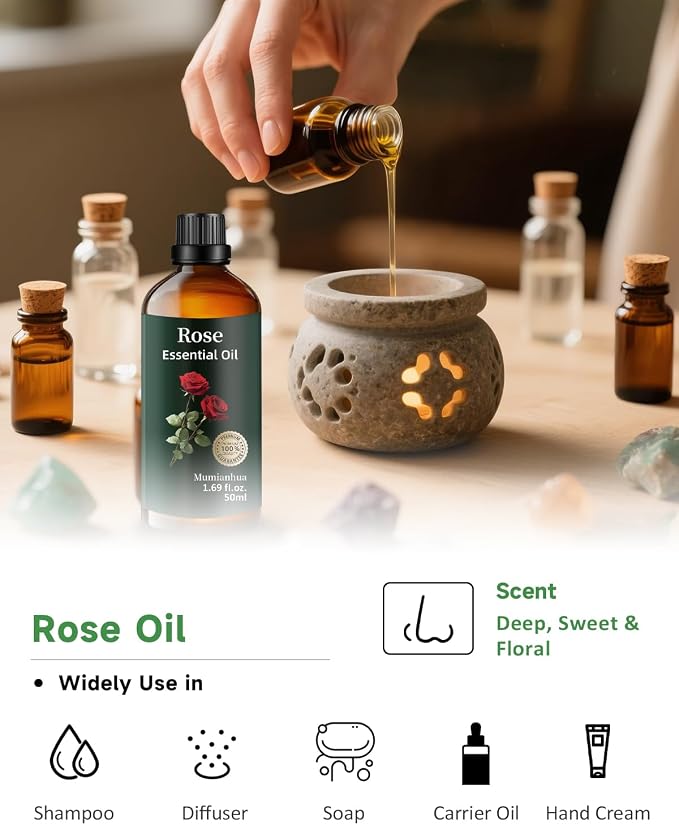 Rose Essential Oil, Pure Mumianhua Natural Floral Oil for Evening Wellness & Skin Radiance, Aromatherapy for Diffuser, Massage, Hair Care, Cologne, Candle & Soap Making – 1.69 Fl Oz