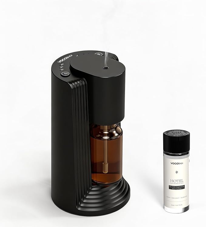 VOCOlinc Waterless Diffuser Starter Kit with 20mL Hotel Fragrance Oil, Battery Operated Diffusers, 4 Timers ＆ 3 Mist Levels, Mini Scent Air Machine for Home, Room, Car, Office (Black)