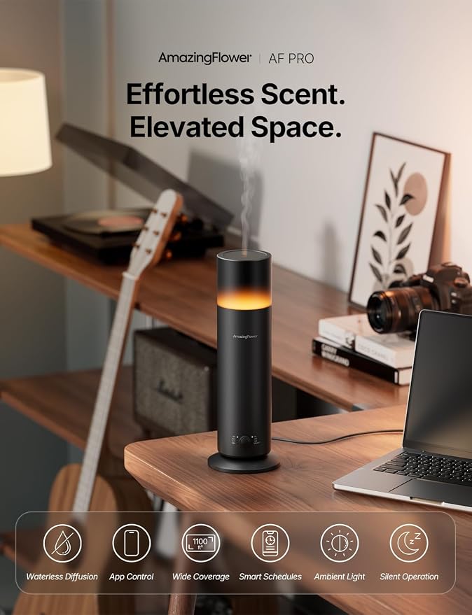 Waterless Essential Oil Diffuser, Smart Scent Diffuser with Nightlight, Smart Schedules, Up to 1100 sq ft, App Control Cold Air Scent Diffuser Oil Machine for Home Large Room and Commercial Use, Black