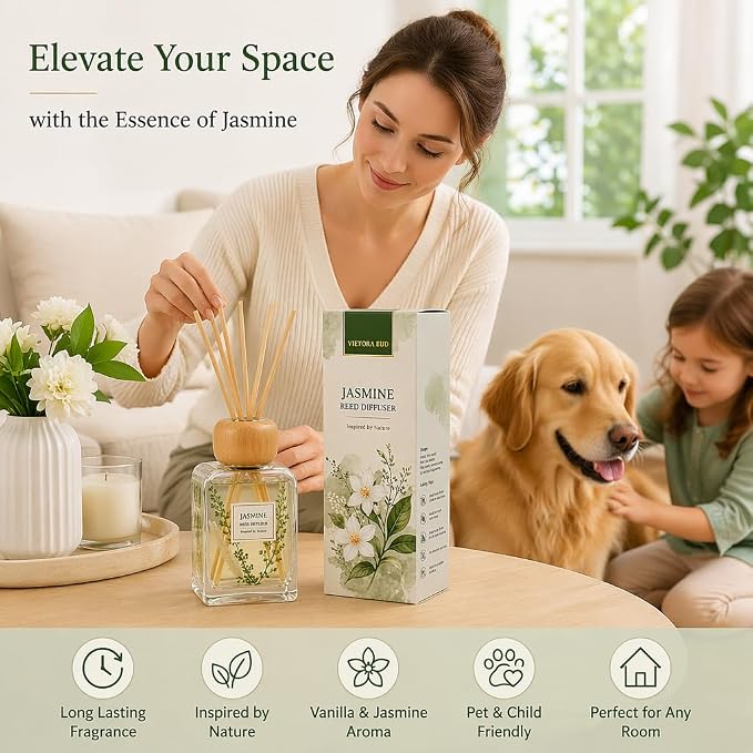 Jasmine Reed Diffuser Set, Floral Home Fragrance for Bedroom & Bathroom, Long Lasting Essential Oil Diffuser Sticks, Relaxing Fresh Scent, Stress Relief, 3.4 FL OZ