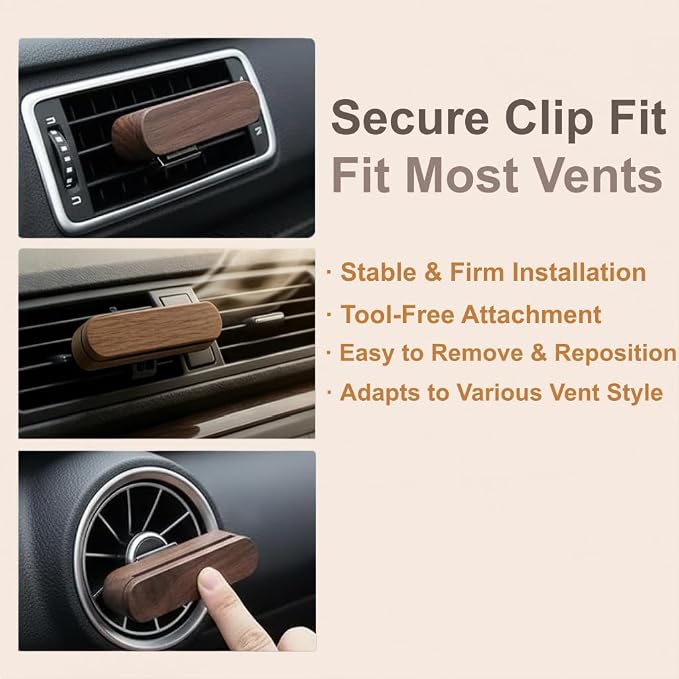2 PCS Car Essential Oil Diffuser Vent Clip, Wooden Aromatherapy Diffuser with 10 Unscented Refill Fiber Sticks, Reusable Custom Scent Car Air Freshener, Premium Car Interior Accessories