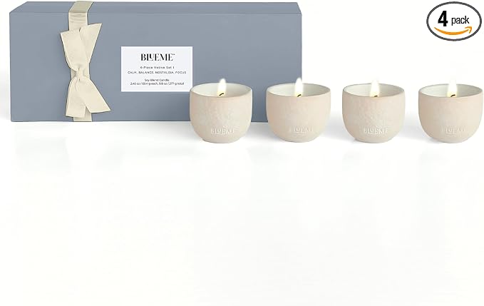Blueme Votive Candle Gift Set | Balance, Focus, Nostalgia, Calm | 4pk of Wellness, Travel Size, Sustainable, Contains Essential Oil, Soy-Wax Blend | 2oz