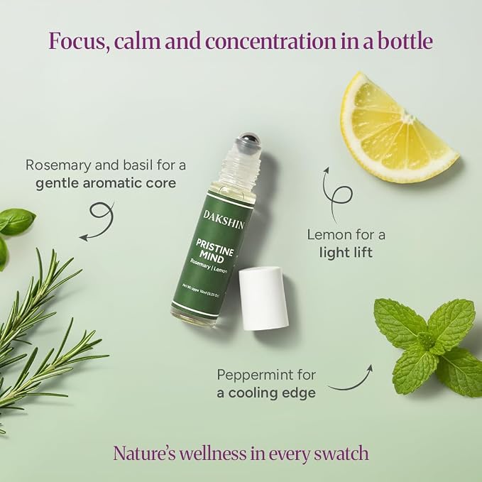 DAKSHIN Pristine Mind Essential Oil Roll-On | Rosemary, Lemon, Basil & Peppermint | Naturally Clarifying Focus Aromatherapy | Cruelty-Free | 10ml