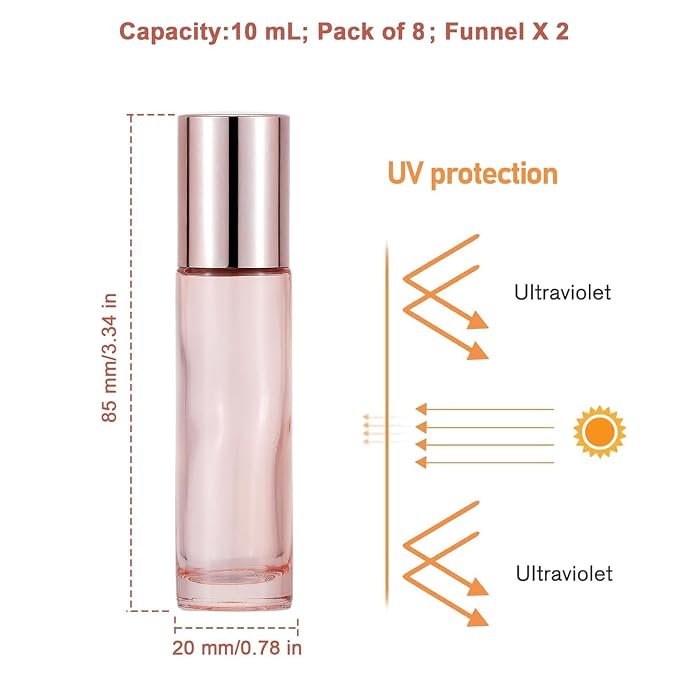 8 Pack 10mL(1/3 oz) Glass Roller Bottles for Essential Oils & Perfume, Rose Gold Roll On Vials with 2 Funnels, Travel Refillable Leak Proof Rollerball Applicator, DIY Craft Pretty Containers