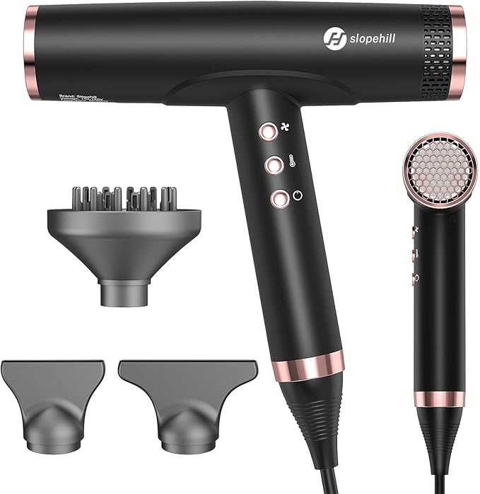 slopehill Professional Ionic Hair Dryer with Diffuser - Lightweight, Compact, Powerful & Fast Salon Blow Dryer with High Speed Brushless Motor for Travel, Women & Men Ceramic, Black