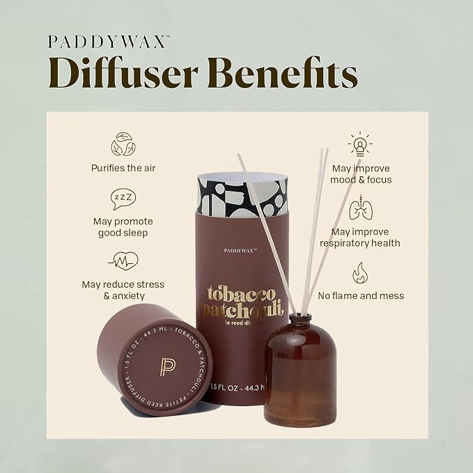 Paddywax Petite Reed Diffuser Set with Wooden Reeds, 720 Hour Long Lasting Home Fragrance Oil Diffuser, Decorative Milky Glass Bottle, Tobacco Patchouli Scent, Brown, 1.5 oz