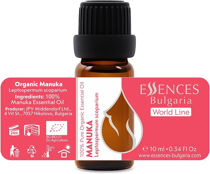 Essences Bulgaria Organic Manuka Essential Oil 0.34 Fl Oz | 10ml | Leptospermum scoparium | 100% Pure and Natural | Undiluted | Therapeutic Grade | Aromatherapy | Cosmetics | Cruelty Free | Non-GMO