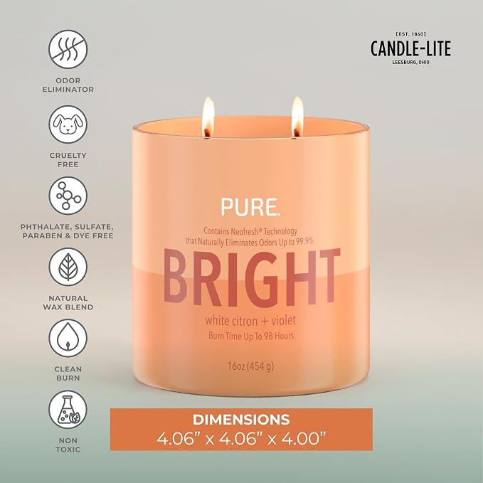 Candle-Lite Pure White Citron & Violet Odor Eliminating Scented Candles, Neofresh Technology Eliminates 99.9% of Odors, 16 oz 2-Wick Jar, Proudly Poured in The USA, Up to 60 Hours Burn Time