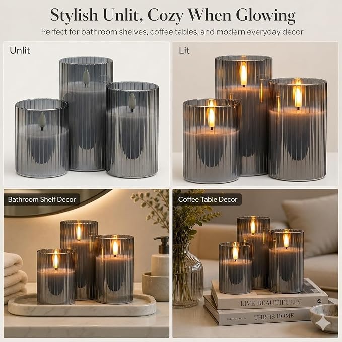 ANGELLOONG Gray Flameless Candles with Remote, Battery Operated LED Pillar Candle Set with Timer, Ribbed Glass Real Wax Flickering Candles for Home Decor, Set of 3