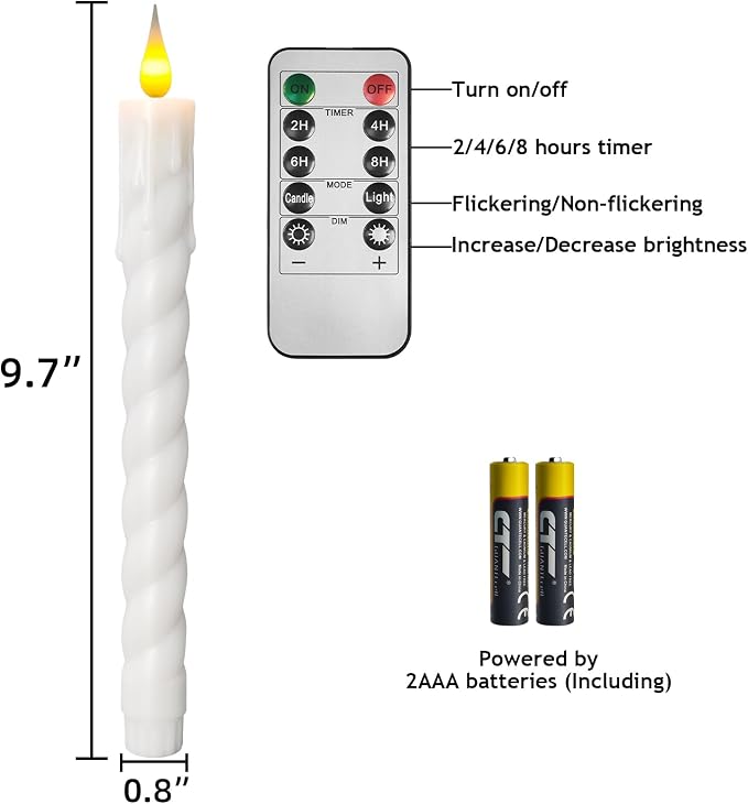 Flameless Taper Candles Flickering with Remote,Timer, Dimmer,9.7 Inch 6 Pack White Candle,Realistic Wax Drip,Battery Operated Taper Candles for Christmas Wedding Halloween Home Decor