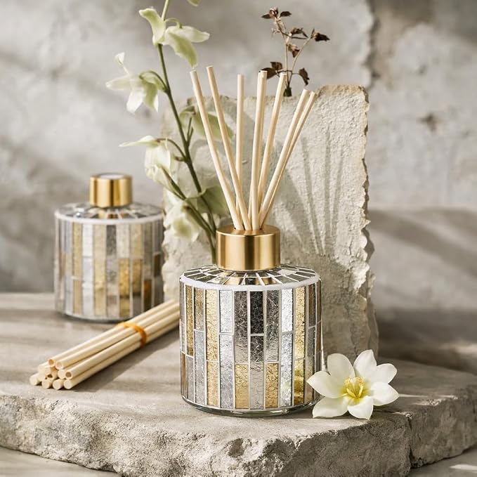7.3oz Decorative Vertical Stripe Mosaic Glass Reed Diffuser Bottle Set with Silver Caps & 16pcs Natural Feed Sticks-Set of 2 - Ideal for Home Fragrance, Bathroom Decoration, Accent (Amber)