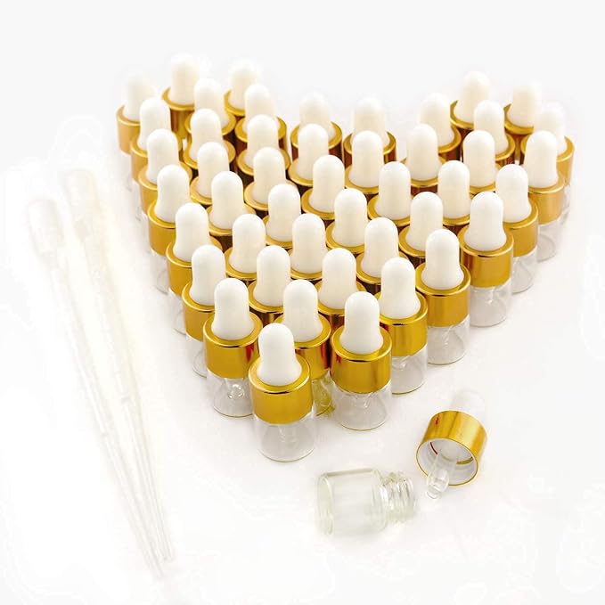 Sample Dropper Bottles, Mini Dropper Bottles with 2 Pcs Plastic Droppers for Traveling Essential Oils DIY Cosmetic Liquid Sample Perfume (Gold, 1ML)