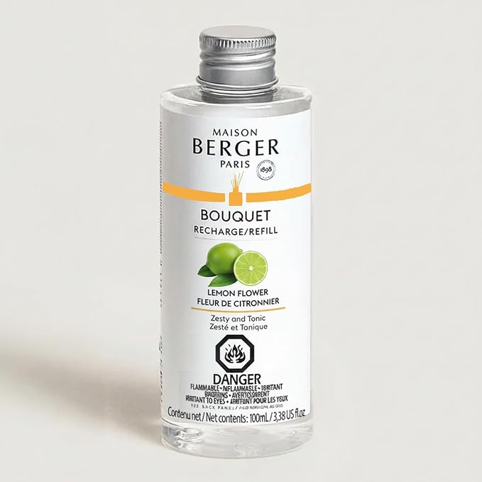 MAISON BERGER Reed Diffuser Bouquet, 100 ml, Lemon Flower | Clear Glass Bottle, 8 Reed Sticks, 100 ml Refill, Up to 6-Week Passive Diffusion, No Flame, Made in France