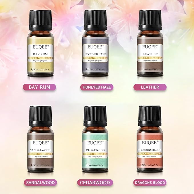 EUQEE 6PCS Fragrance Oils for Men, Men's Pubs Gift Set Premium Fragrance Oils -10ml-Leather, Honeyed Haze, Dragons Blood, Sandalwood, Bay Rum, Cedarwood (Men's Pubs)