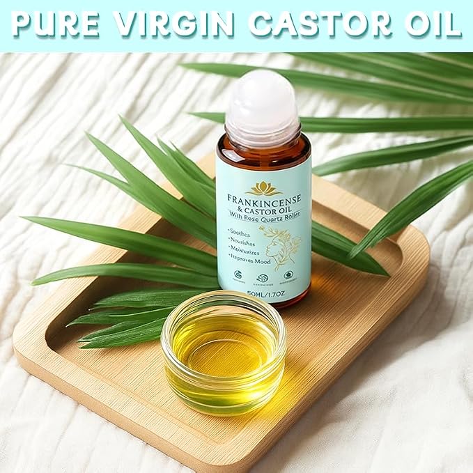 Frankincense and Castor Oil, Organic Castor Oil Rose Quartz Roller Ball, 100% Pure, Organic, Cold-Pressed, Firms Skin, Reduces Fine Lines, Suitable for Face, Neck, Abdomen(50ML/1.7OZ)