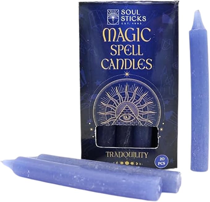 SOUL STICKS Tranquility Magic Spell Chime Taper Candles 20 Pack - Ideal for Altar, Rituals, Ceremonies, Meditation Blue Tapered Candle for Witchcraft Supplies, Wiccan Supplies, Candles Clearance