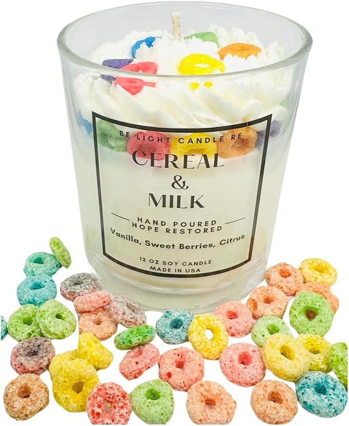 Cereal & Milk Candle | Purpose-Driven Soy Candles | Fun Cute Fruit Loops Candle | Cereal Bowl Food Gift Idea for Friend Birthday Bestfriend Mother's Day | Be Light Candle RE (Cereal & Milk)