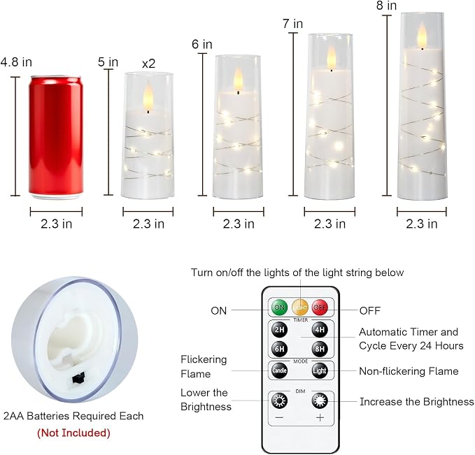 Raycare Flameless Candle with Remote Timer – 5 Flickering Acrylic Battery Operated LED Pillar Candles with Embedded Star String for Christmas, Wedding, Home Decor, and as a Gift(White)