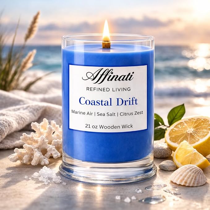Affinati Coastal Drift Large Scented Candle, 21 oz Wooden Wick Tumbler – Premium Long Lasting Ocean Scented Fragrance, Large Room Soy Blend Candle