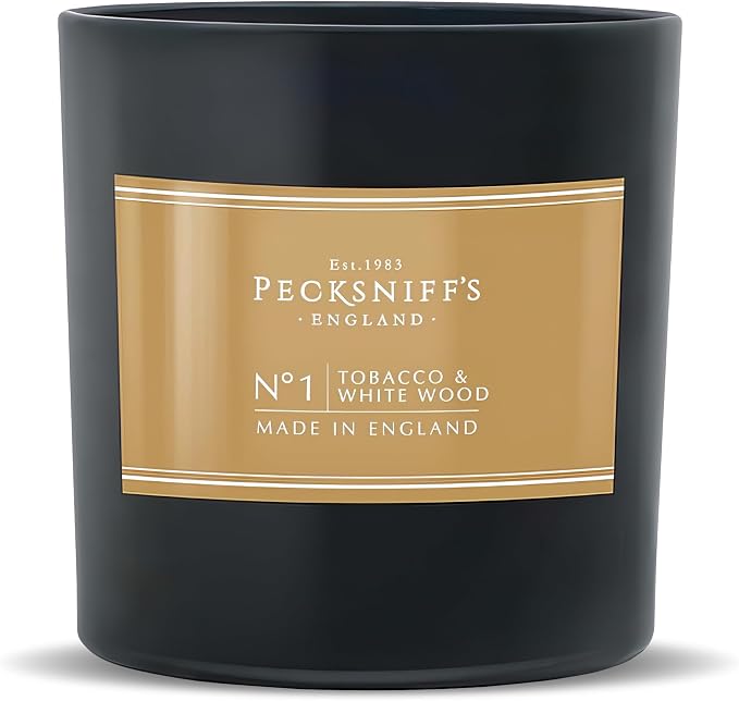 Pecksniff’s Tobacco & White Wood Scented Candle – 1 Wick, 184 g/6.49 oz – Oriental Luxury Fragrance – Black Glass Vessel – Made in England