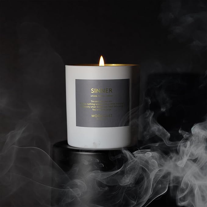 Moodcast Sinner Scented Candle - Aesthetic Candle for Home, Smoke, Leather & Vetiver, Clean Coco Wax Blend, Vegan, Paraben Free, 45-Hour Long Lasting Burn - 8oz