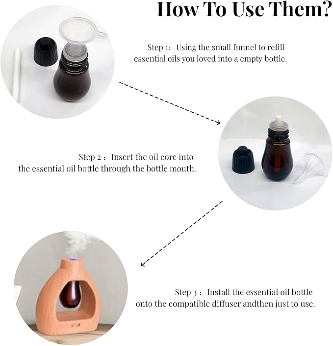 2Pcs Empty Glass Bottles for Essential Oils 20ml with 12 Diffuser Cores & Mini Funnel Fits Waterless Diffuser - Refillable Liquid Sample Vials Test Container- Great for Oils Perfumes DIY Aromatherapy