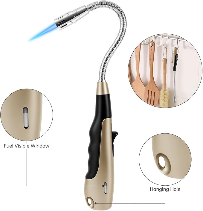 Butane Lighter with Visual Fuel Window for Kitchen Grill, Gold (No Butane)