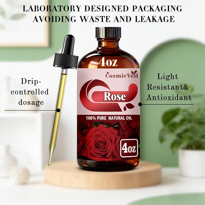 Rose Essential Oil Rose Oil for Aroma Diffuser,Humidifier,Home Fragrance,Cleaning,Body Care,Massage,Yoga,DIY Candle,DIY Soap CosmicVeil（Rose，4 Fl Oz (Pack of 1)）