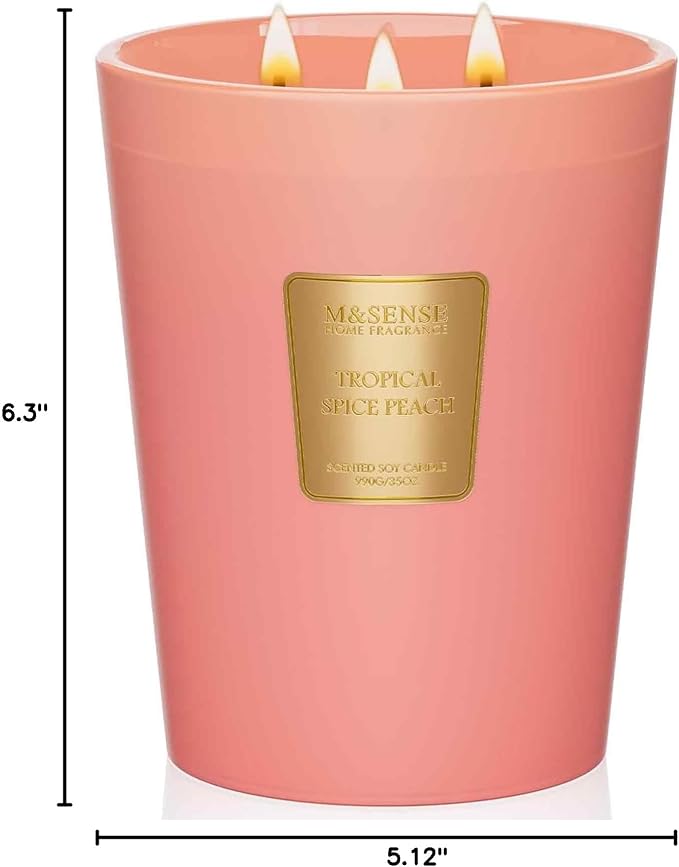 M&SENSE Tropical Spice Peach Soy Candle, 35oz 3 Wick 150H, Large Fruity Aromatherapy Candles Natural Scent, Housewarming Gift
