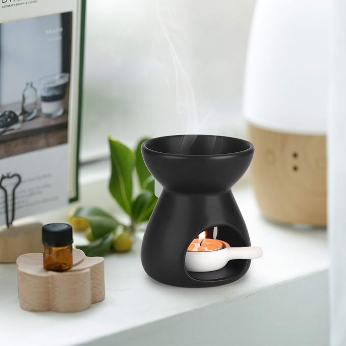 ComSaf Essential Oil Burner Wax Melt Burners Set of 1, Aromatherapy Aroma Burner Ceramic Oil Diffuser Candle Tealight Holder Home Bedroom Decor Christmas Housewarming Gift, Black