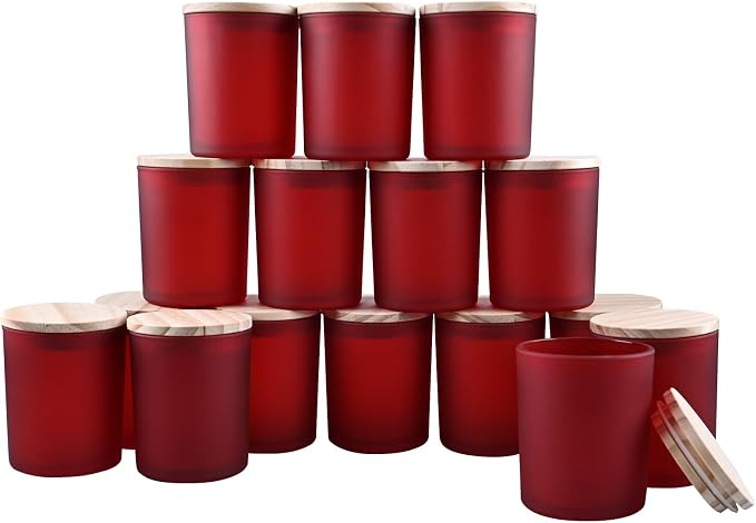 SHOWIN Thick Candle Jars for Making Candles 16 Pcs, 7 OZ Empty Jars with Wood Lids for Candle Making, Sample Container, Frosted Red