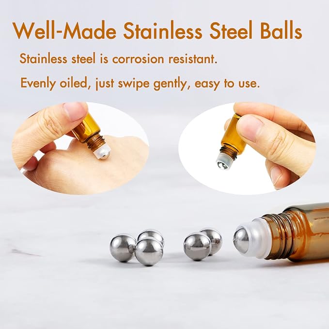 2ML Essential Oil Roller Bottles, 24 Pack Amber roller bottles for oils, Mini Glass Roll on Bottles with Stainless Steel Roller Balls&2 Droppers