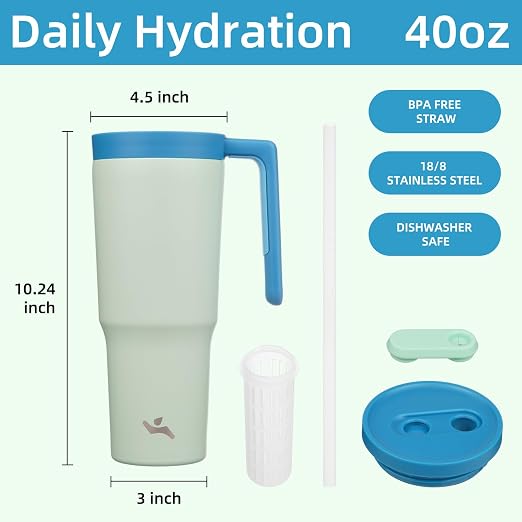 Konokyo Insulated Tumbler with Handle and Straw,40 OZ Vacuum Stainless Steel Water Bottle Travel Mug Metal Cup with Fruit Diffuser,Mist Blue