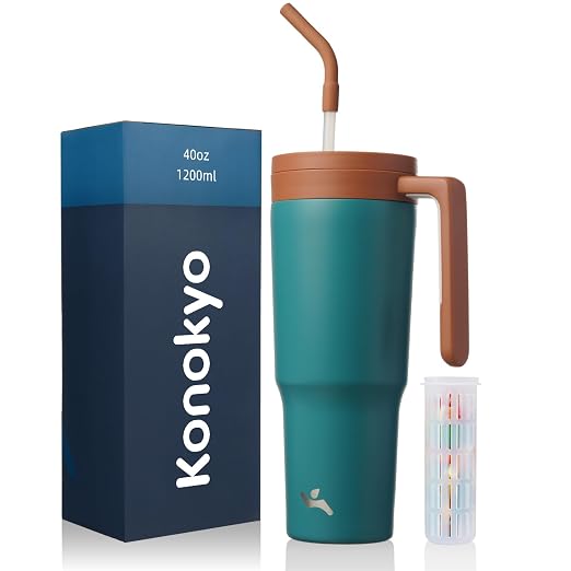 Konokyo Insulated Tumbler with Handle and Straw,40 OZ Vacuum Stainless Steel Water Bottle Travel Mug Metal Cup with Fruit Diffuser,Lake Blue